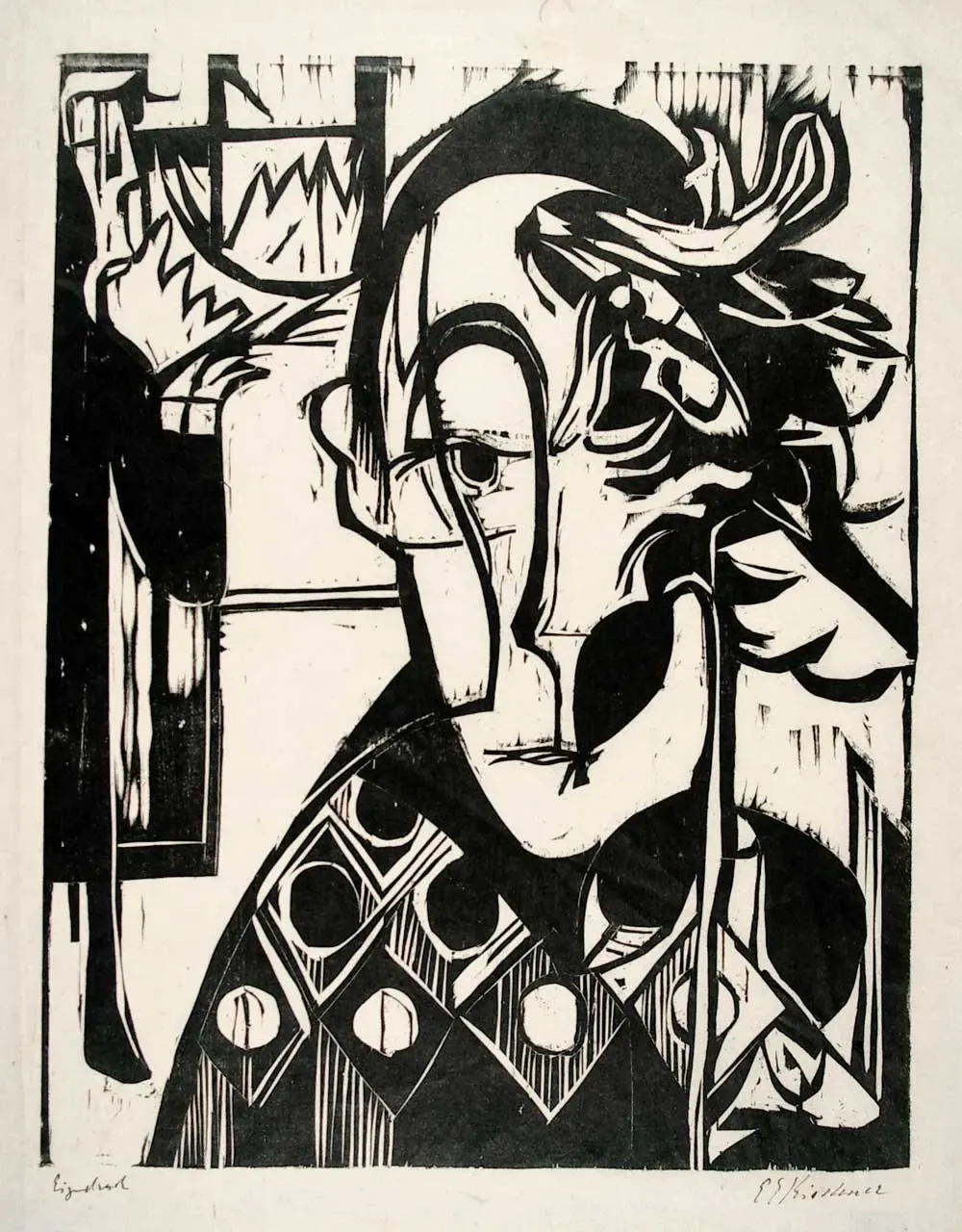Ernst Ludwig Kirchner, Melancholic head (portrait), 1929. Woodcut.
