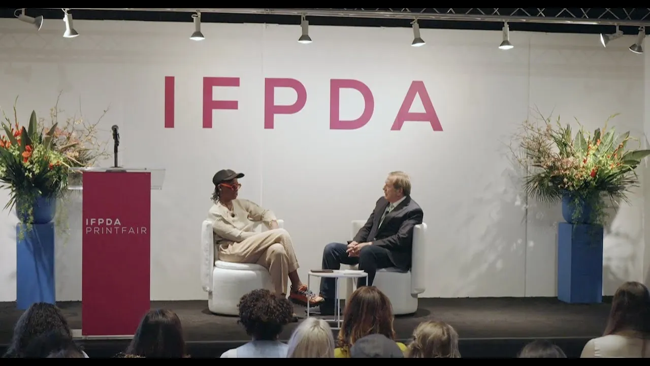 Title frame from the recording of “Artist Talk | Mickalene Thomas in Conversation with Jordan Schnitzer”