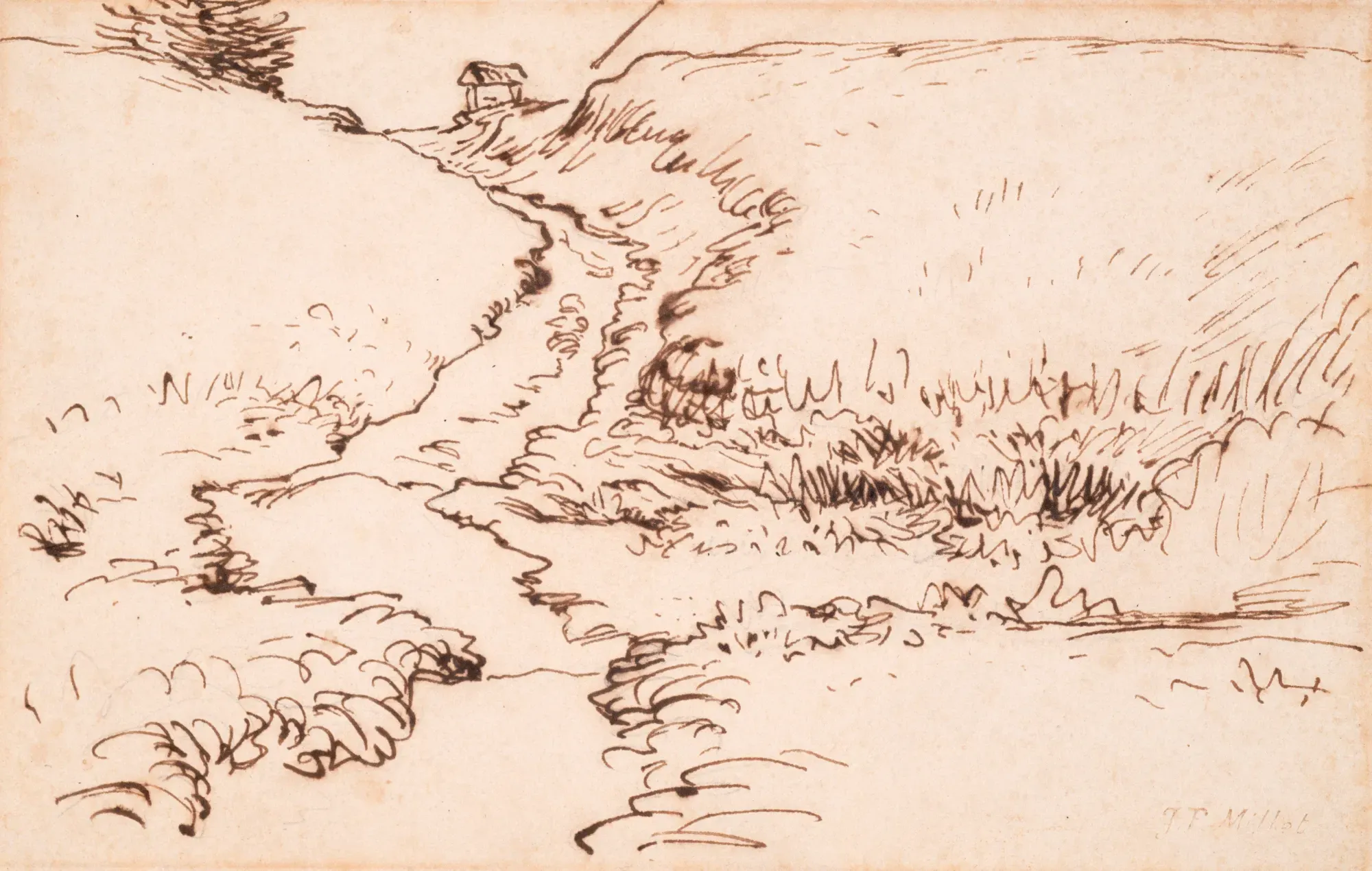 Jean-François Millet (French, 1814-1875) The Winding Road near Vichy, Auvergne, c. 1866-68 Pen and ink on paper 5 1/8 x 8 1/4 in. (13.1 x 21 cm) Stamped lower right: Lugt 1816