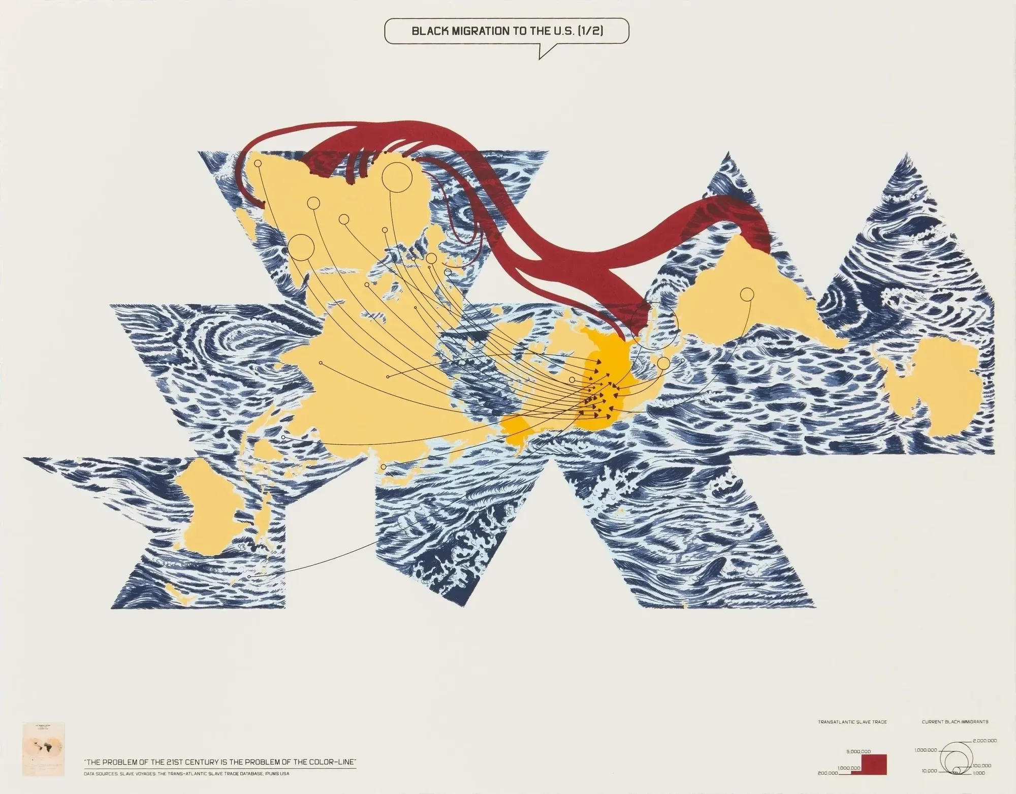 A screenprint headed “Black Migration to the U.S. (1/2)”: a yellow landmass over blue wave-patterned shapes, crossed by dark red bands and fine lines tracing routes.