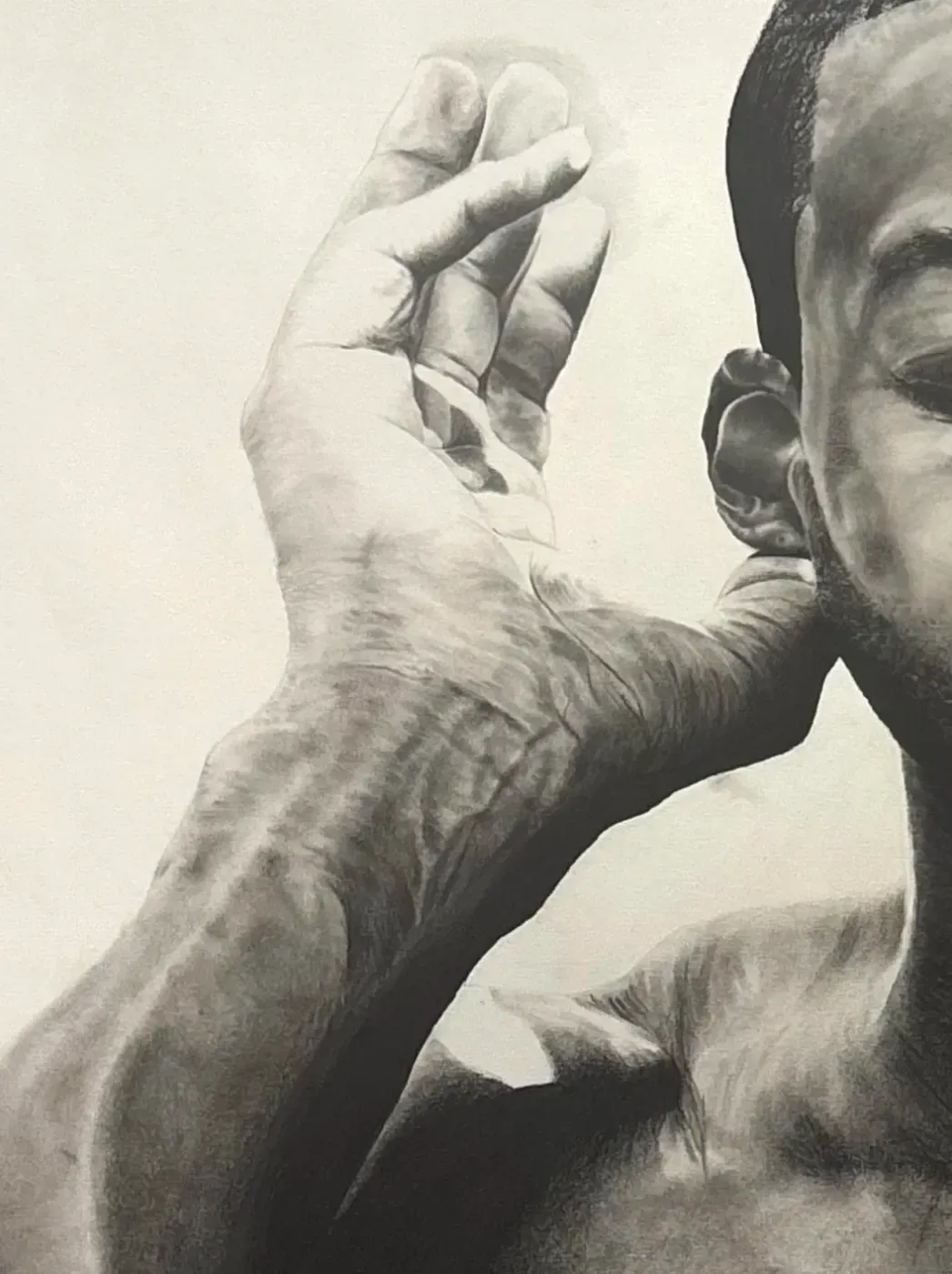 Malcolm Peacock, 'It was for me. and to face me. And at once, finally, I became myself.' (detail), 2026. Synthetic hair and graphite on paper.